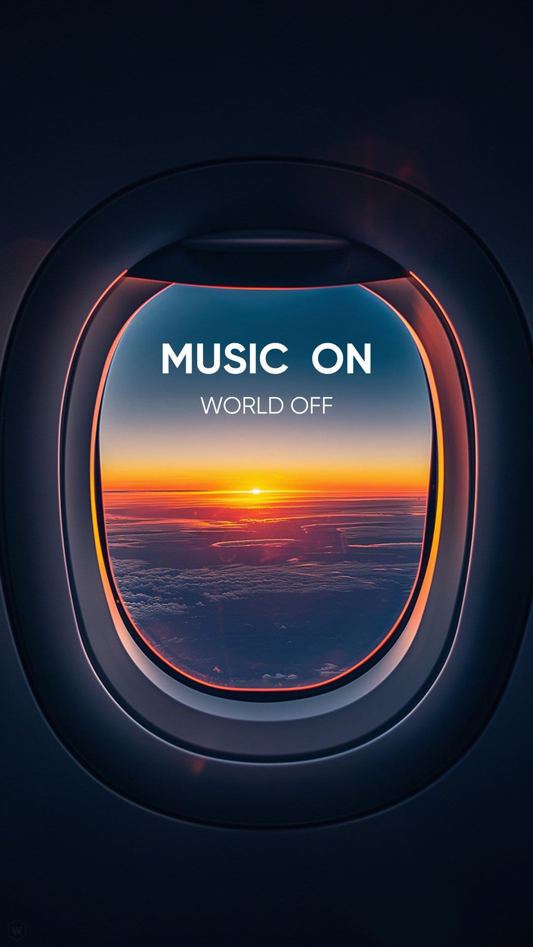Airplane window view of a glowing orange sunset over white clouds with music on world off text overlay.