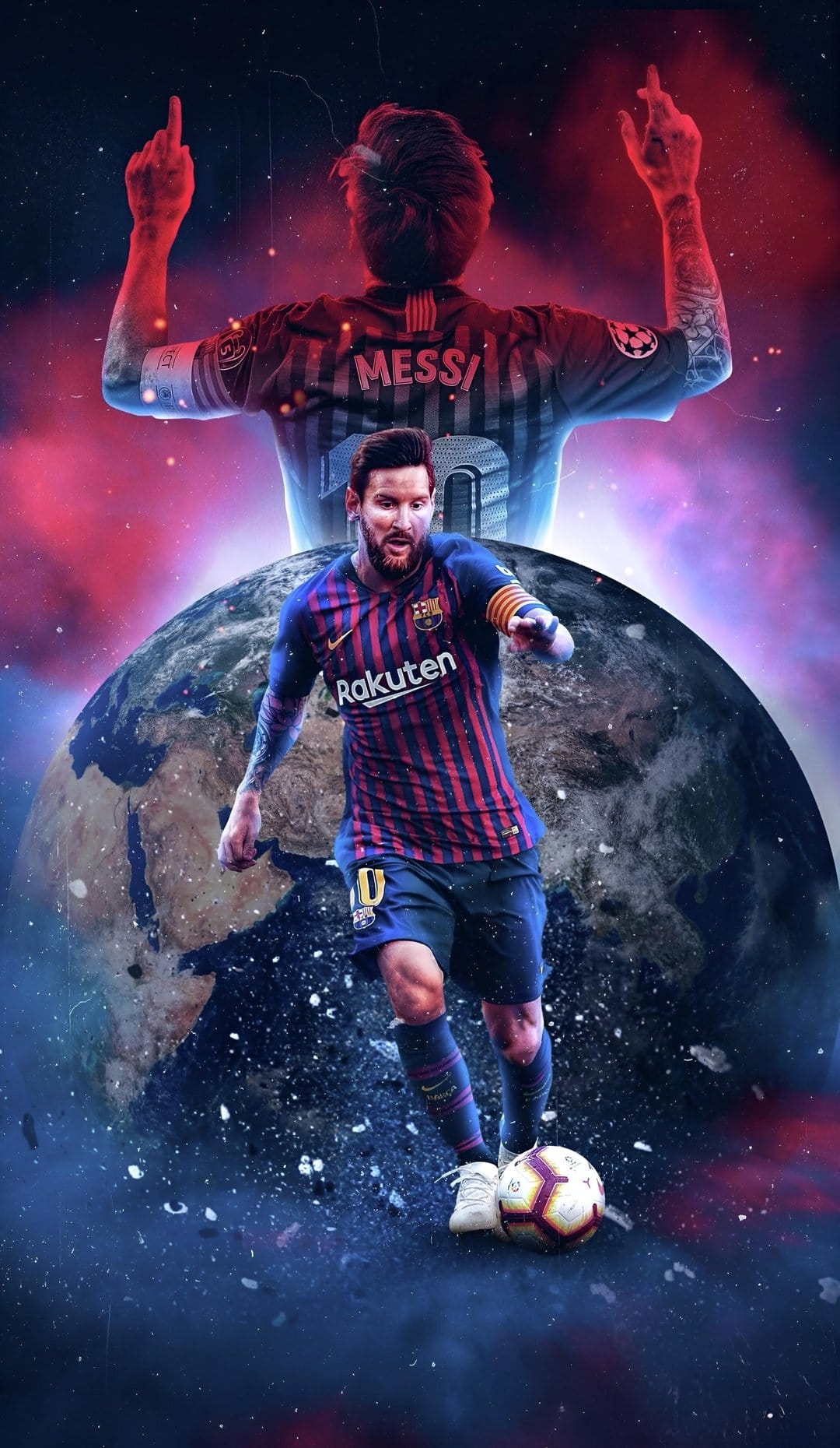 Lionel Messi dribbles a soccer ball on the Earth's surface with a large silhouette of victory in a starry galaxy.