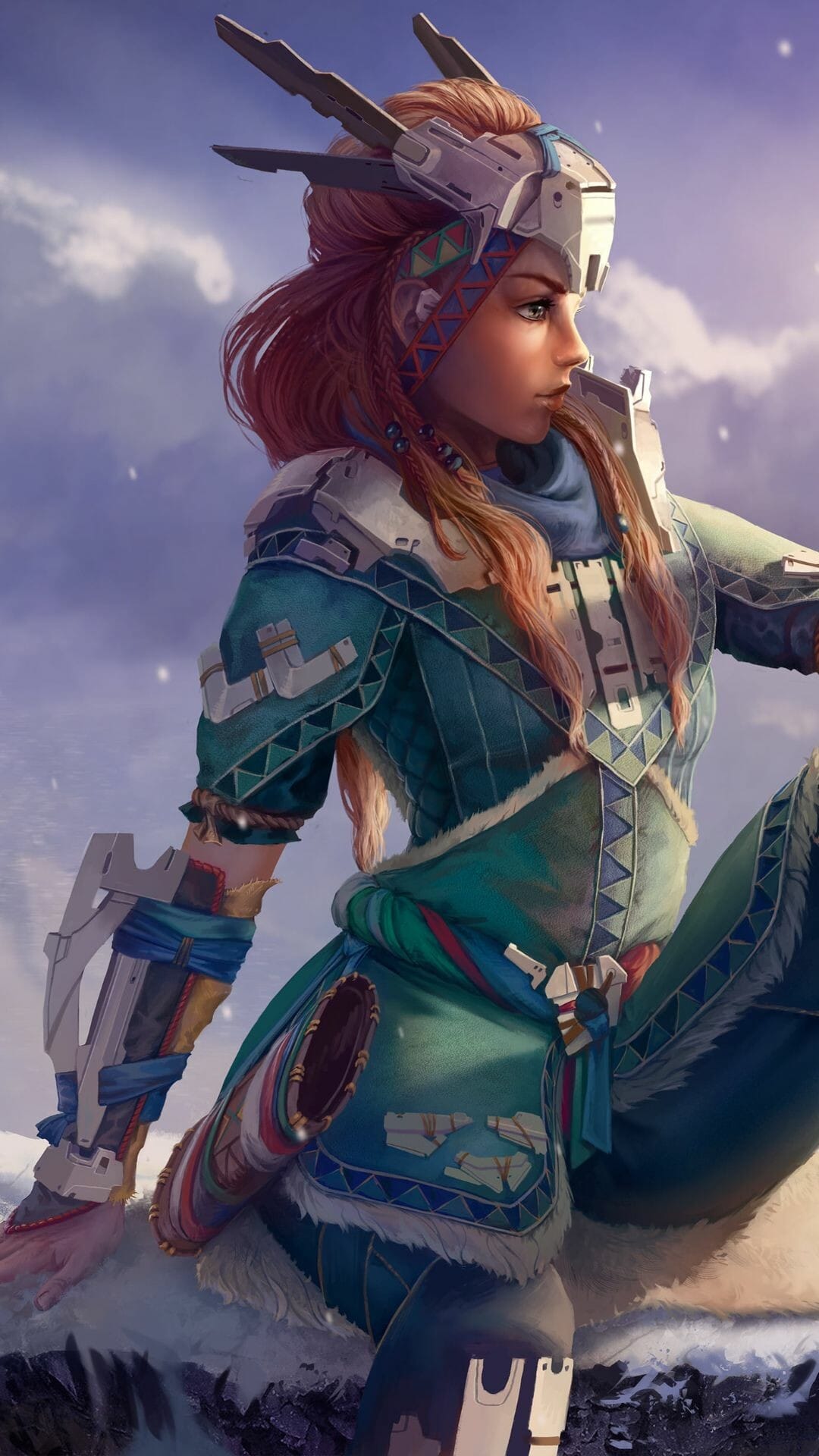 Red-haired warrior Aloy wearing teal tribal armor stands before snowy mountains and a cloudy blue sky background.