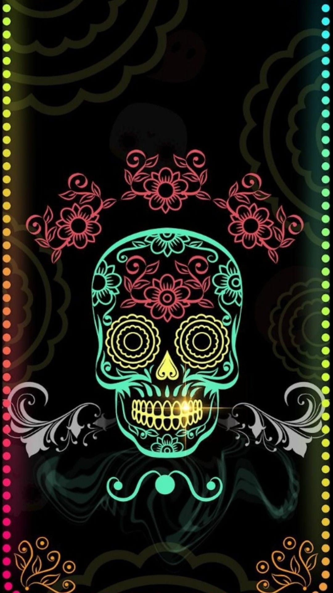 Calavera sugar skull decorated with neon pink flowers and turquoise swirls on a dark paisley background.