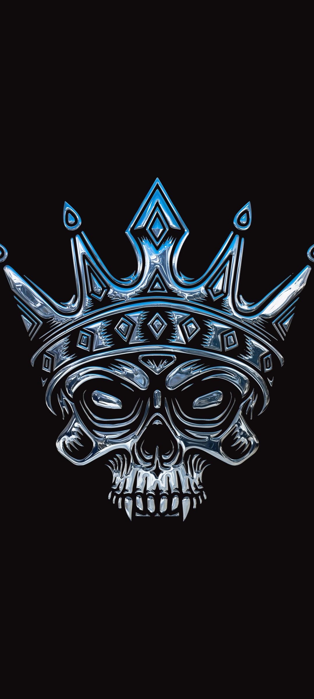Chrome skull wearing a multifaceted metallic crown with reflective surfaces against a dark, minimal background.