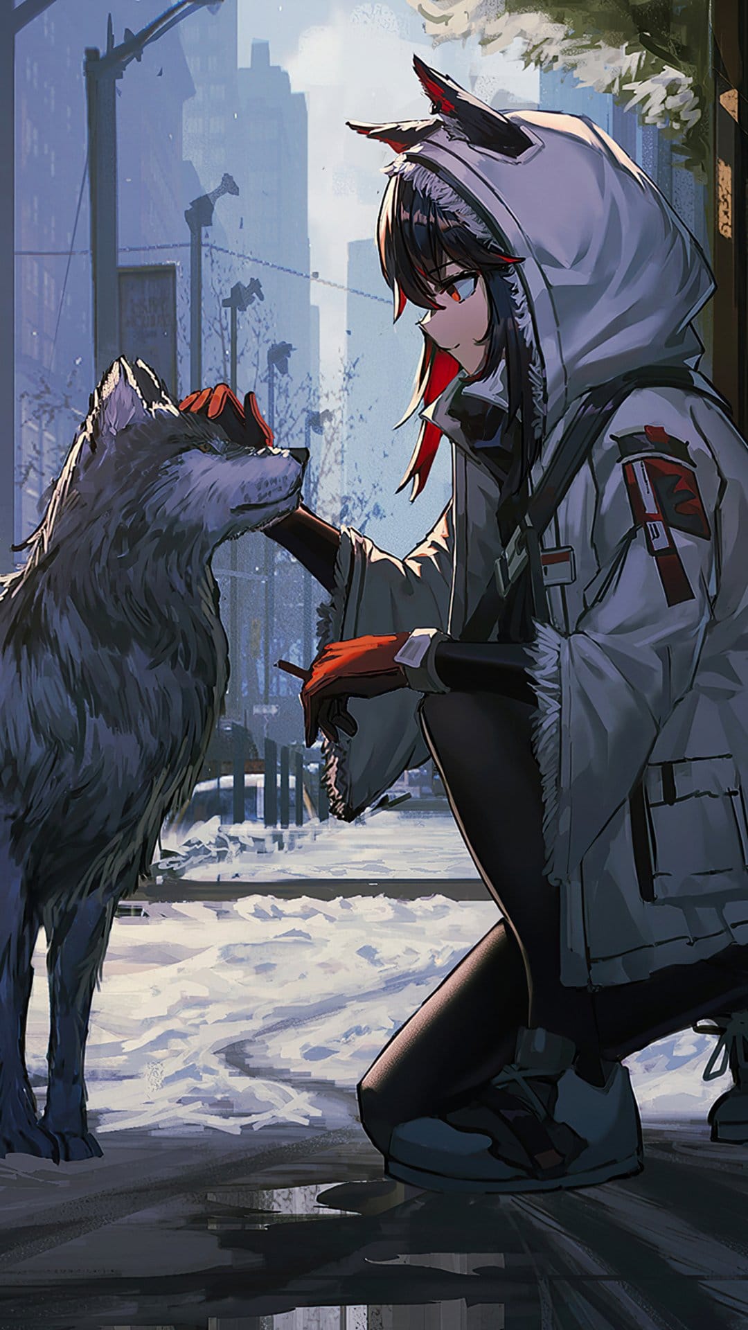 Anime girl in a white hoodie pets a gray wolf on a snowy city street during a quiet winter day with red accents.
