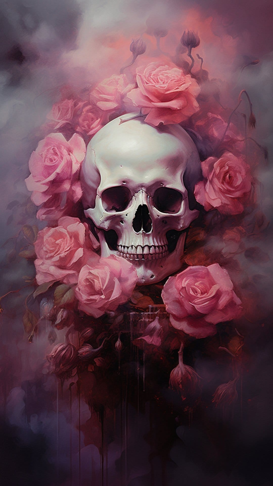 Human skull surrounded by soft pink rose blossoms and curling white smoke against a dark, shadowy background.