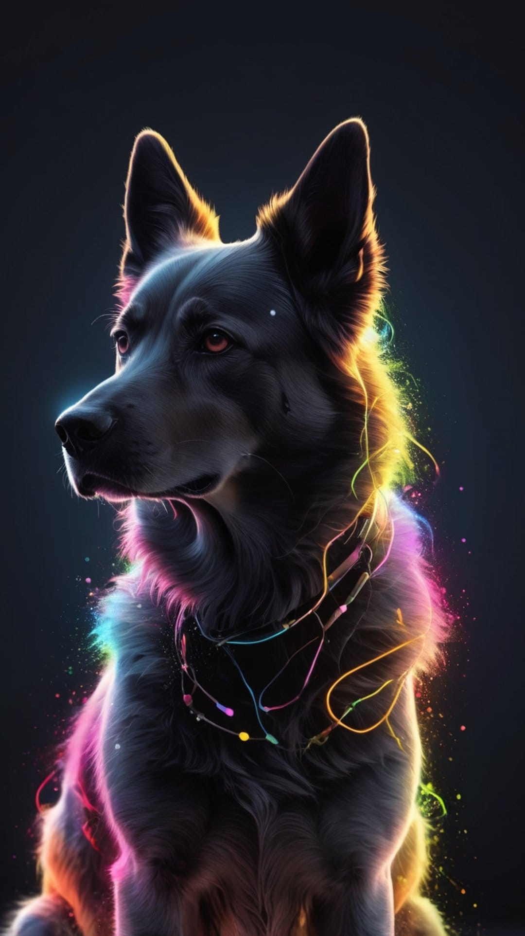 German Shepherd with perked ears and red eyes features glowing neon lights and colorful sparkles on dark fur.