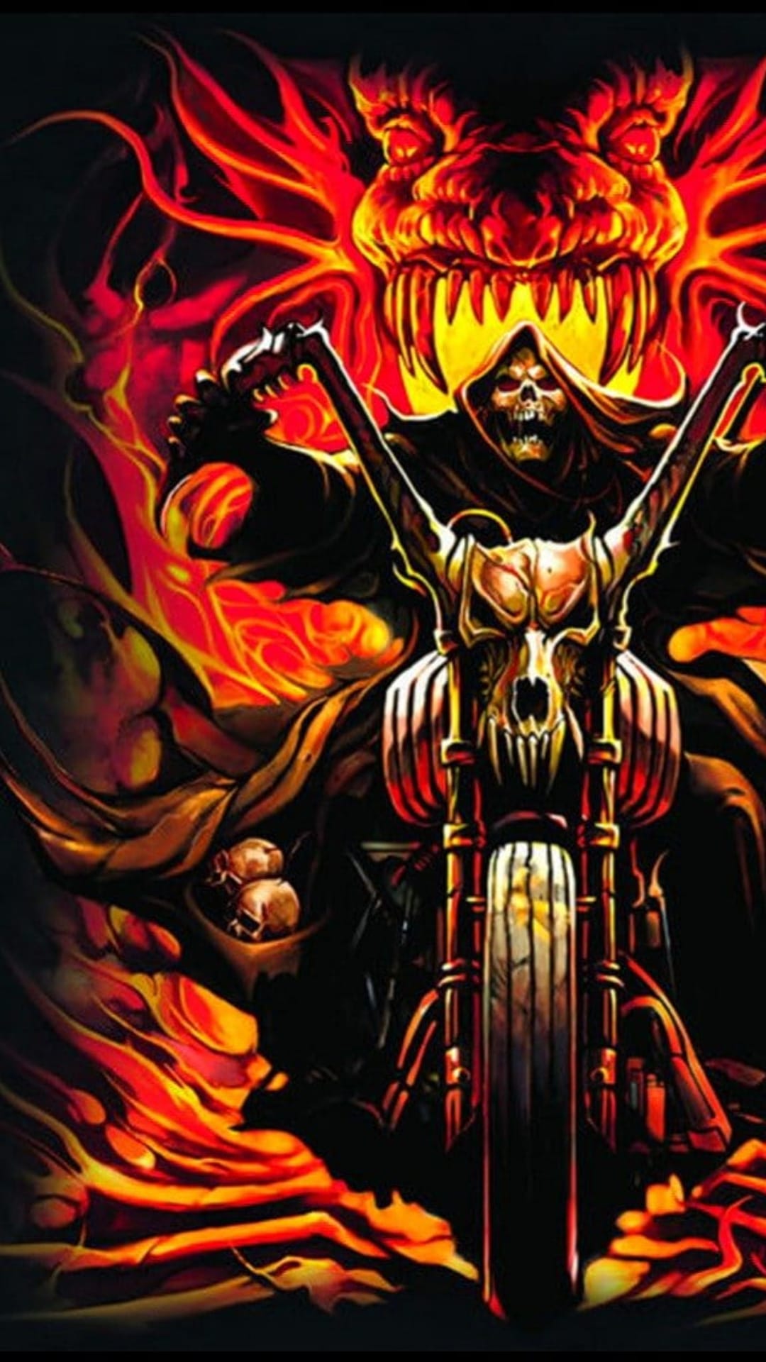 Skeletal grim reaper on a motorcycle with a skull headlight is pursued by a massive orange dragon in a fire storm.