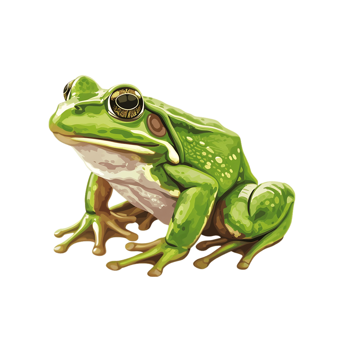 Green tree frog digital illustration shows a speckled amphibian with golden eyes sitting on a black background.