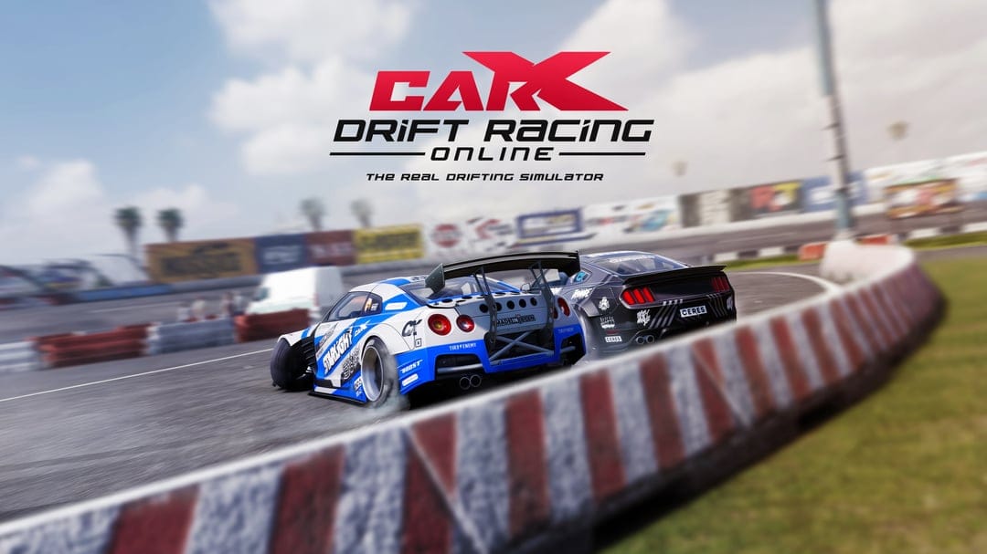 Blue Nissan GT-R and black Ford Mustang drifting sideways on a sunny race track with realistic motion blur.