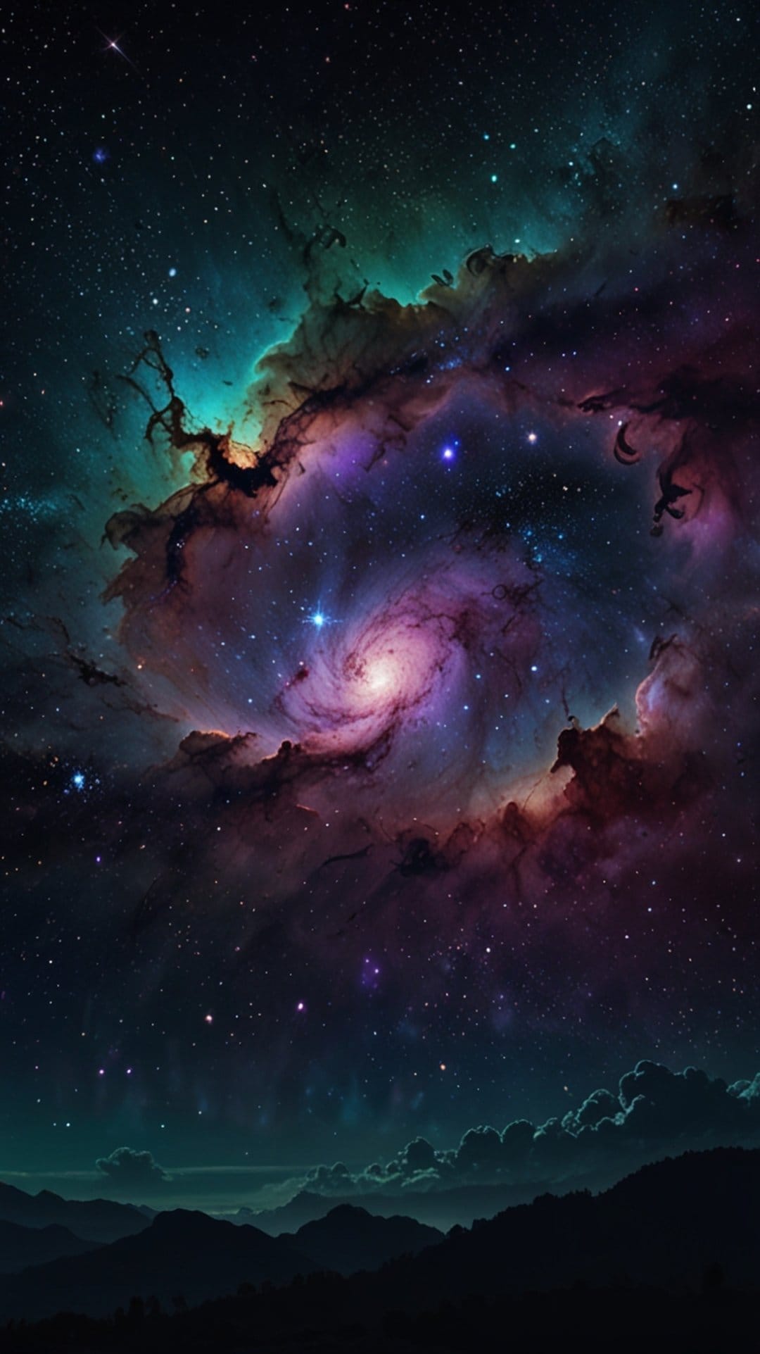 Jagged mountain silhouettes sit beneath a massive swirling nebula of purple, pink, and teal celestial gas.