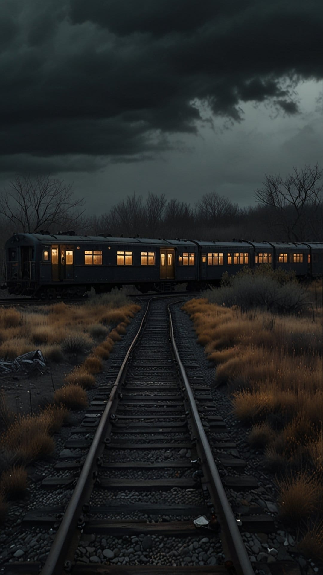 Vintage train with glowing windows sits on curved tracks beneath massive dark storm clouds and autumn grass.