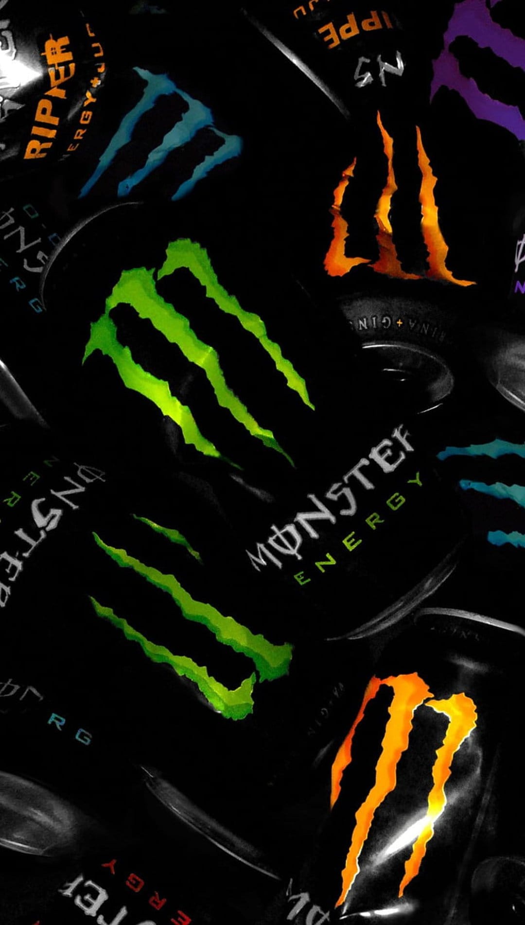 Aluminum beverage cans with illuminated claw-shaped marks in neon colors arranged in a dense vertical collage.