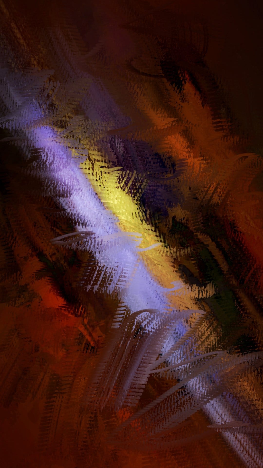 Textured purple and gold brushstrokes intersect over a dark brown background with dramatic light and shadow.