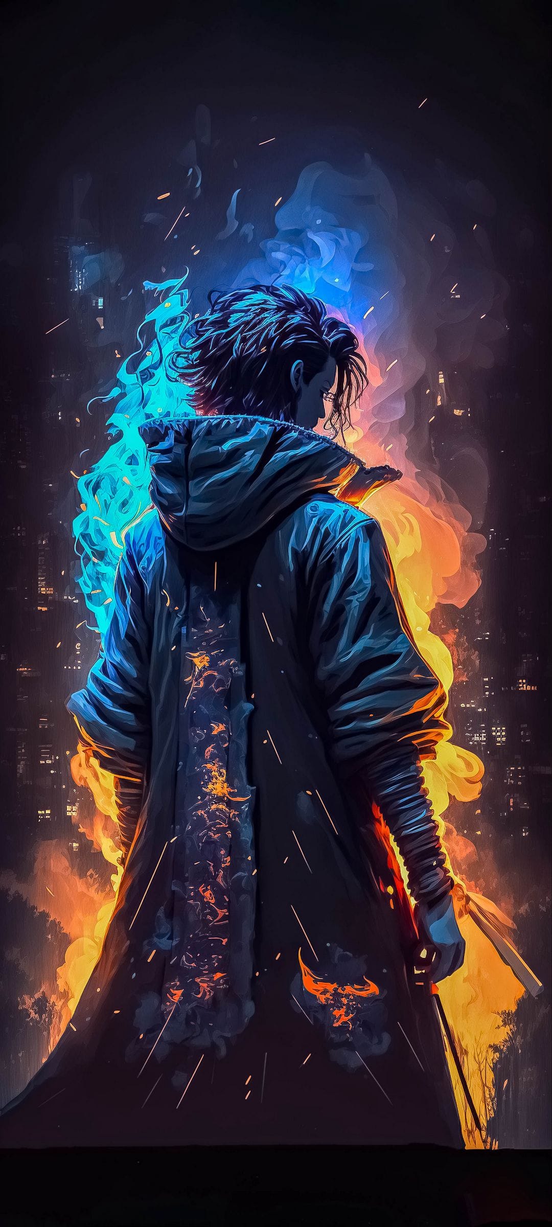Hooded figure enveloped in swirling orange and blue fire stands before a dark urban skyline at night.