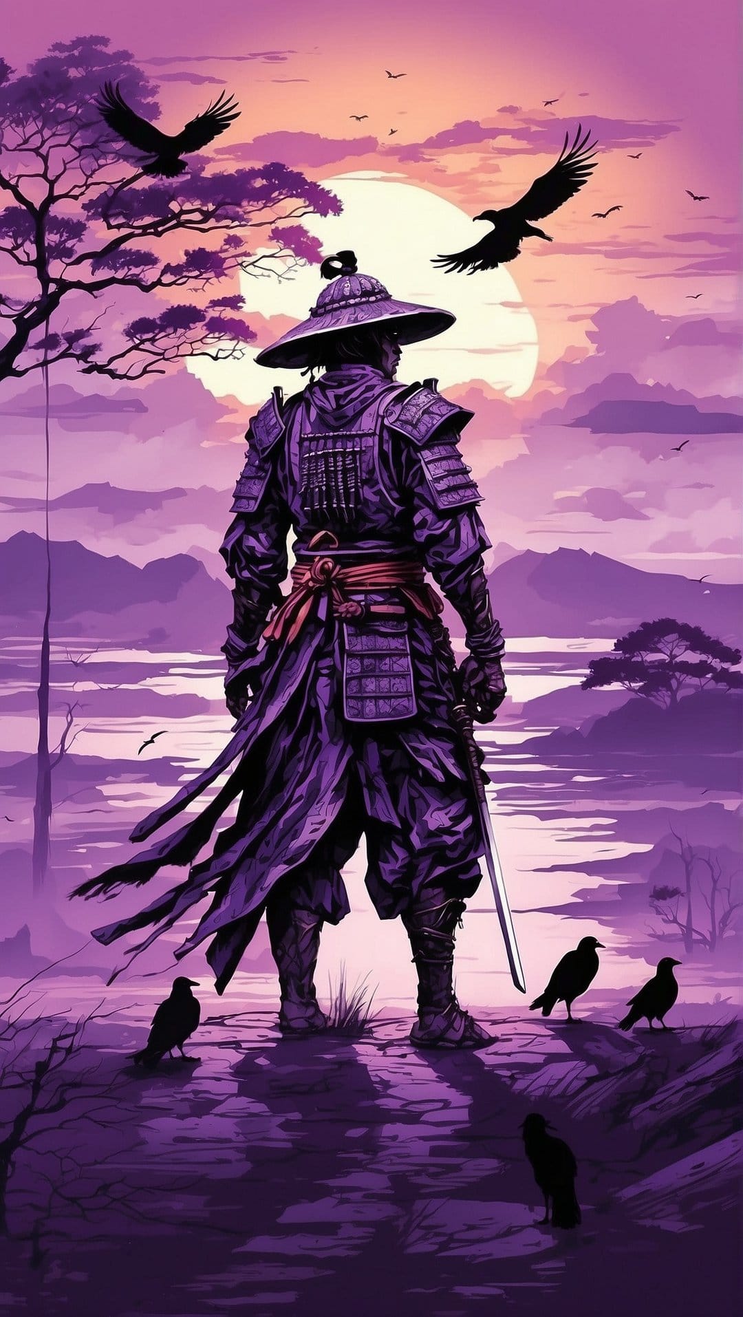 Samurai warrior in purple armor stands among crows and soaring eagles against a misty violet sunset landscape.