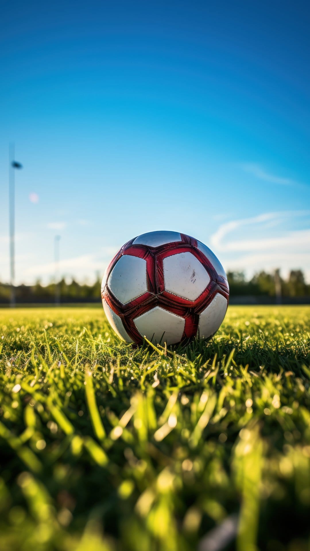 Soccer ball resting on vibrant green grass with a clear blue sky and soft sunlight in the blurred background.