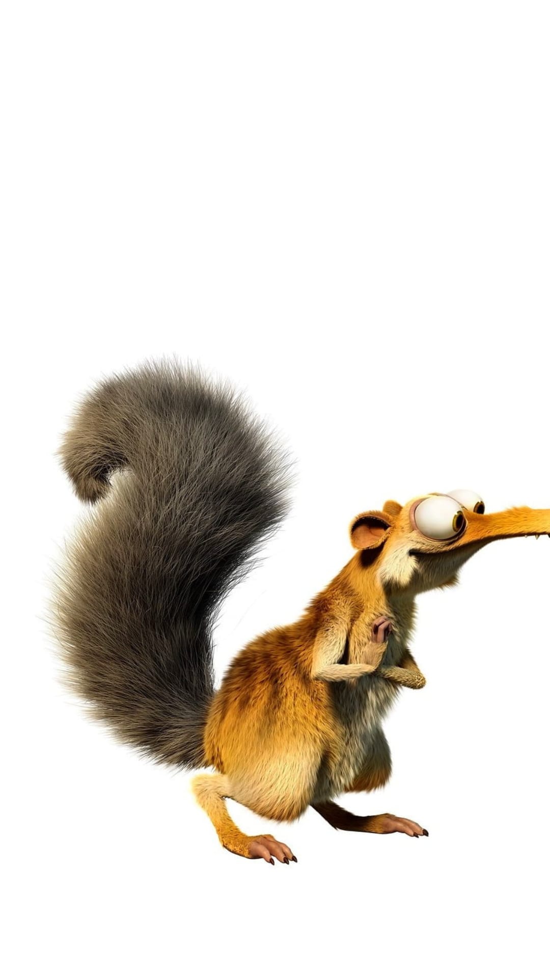 Scrat the prehistoric squirrel clutches an acorn with wide eyes and a bushy tail in a detailed close-up shot.