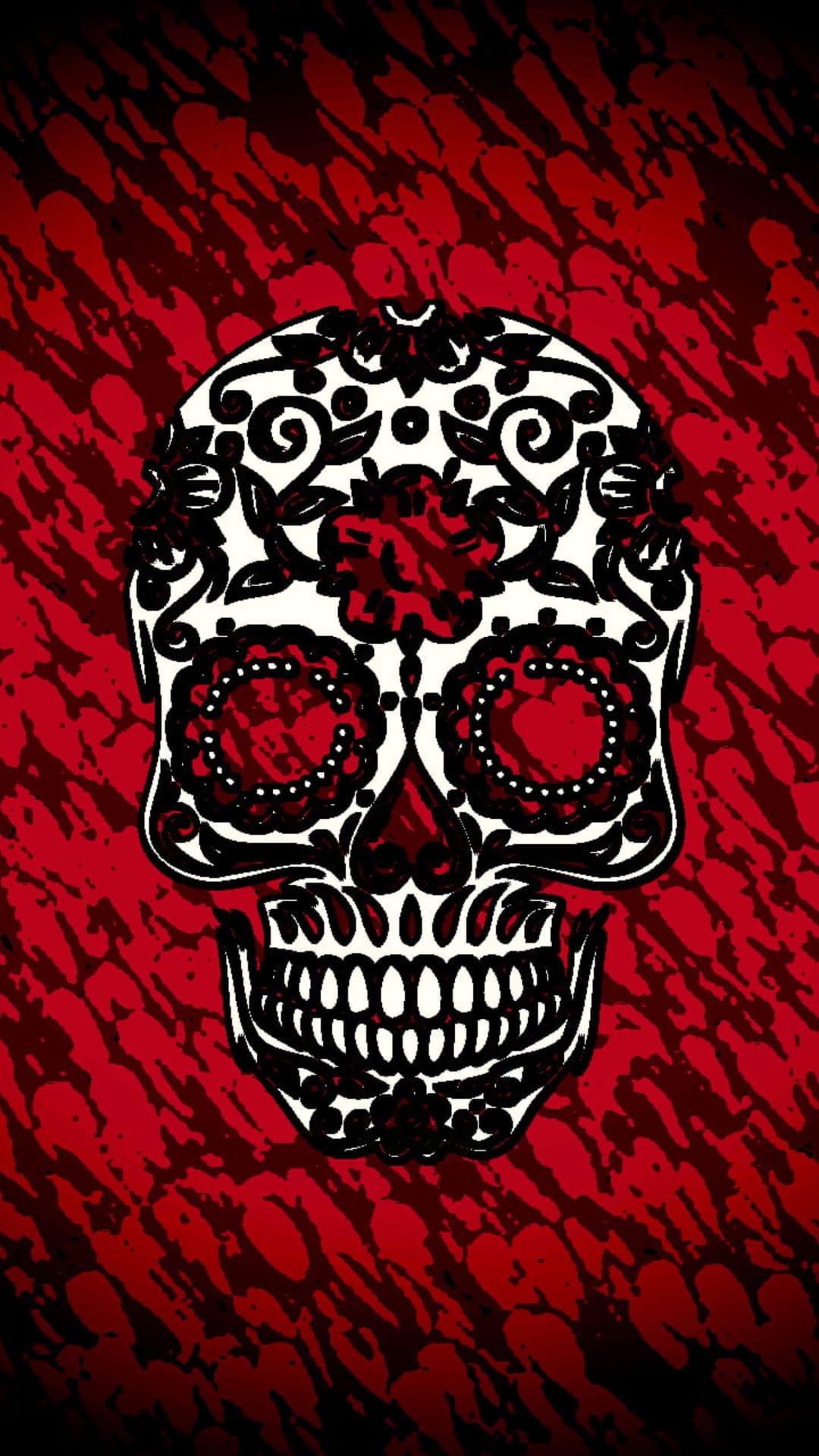 Decorative sugar skull with black floral details appears over a chaotic background of bright red paint splatters.
