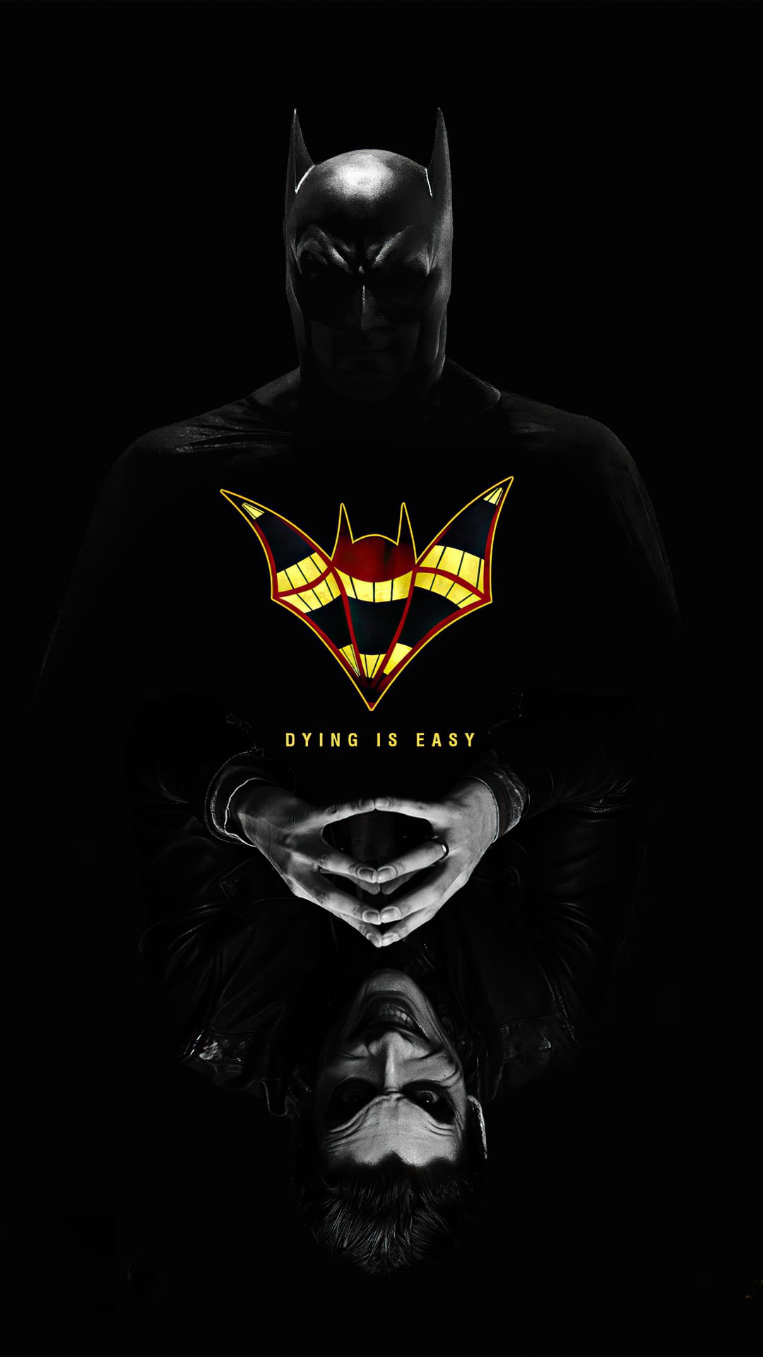 Batman in a black cowl with a Joker bat symbol and Dying is Easy text above a grinning reflection on the floor.