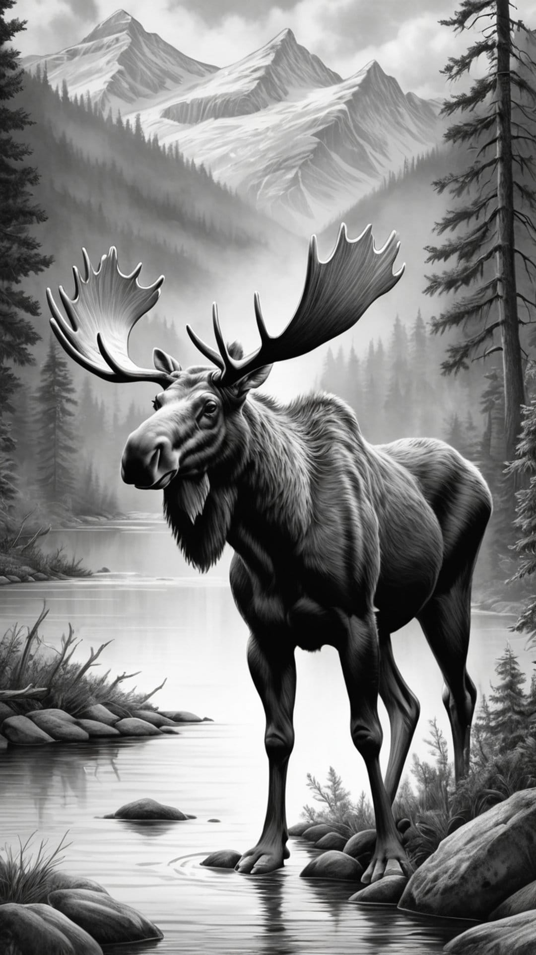 Large bull moose with antlers standing in a shallow lake surrounded by pine trees and misty snowy mountains.
