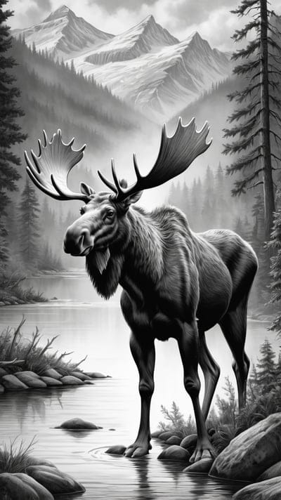 Deer,Mountains,River,Tattoo,Tattoo Wallpaper,Wallpaper,AI Art,Ai Wallpaper,Desktop Wallpaper,Artwork,Black,White,Black and White,Aesthetic