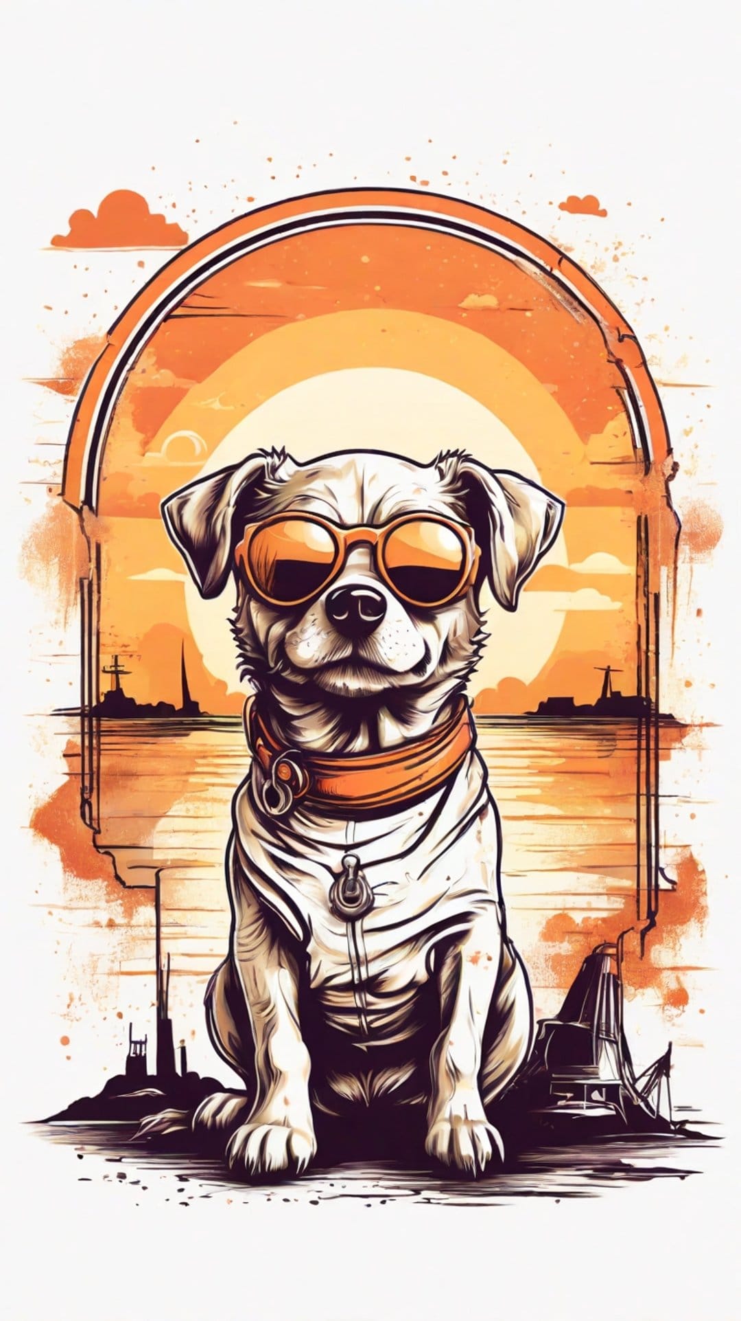 Dog wearing sunglasses sits on a sandy beach under a vibrant orange sunset framed by a minimalist stone archway.
