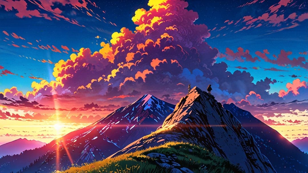 Lone hiker silhouetted on a snowy peak against a vibrant purple sunrise sky with glowing orange clouds and lens flare.