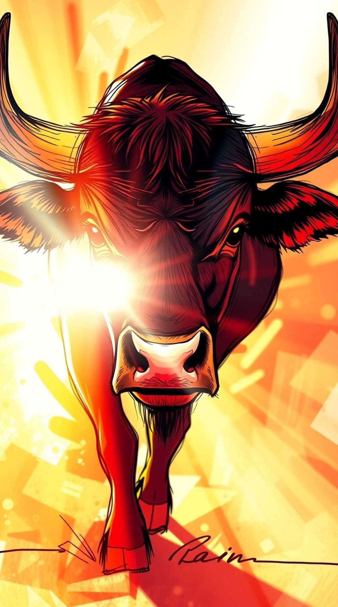 Muscular bull charging forward amidst fiery red lens flares and sharp geometric lines on a dark background.