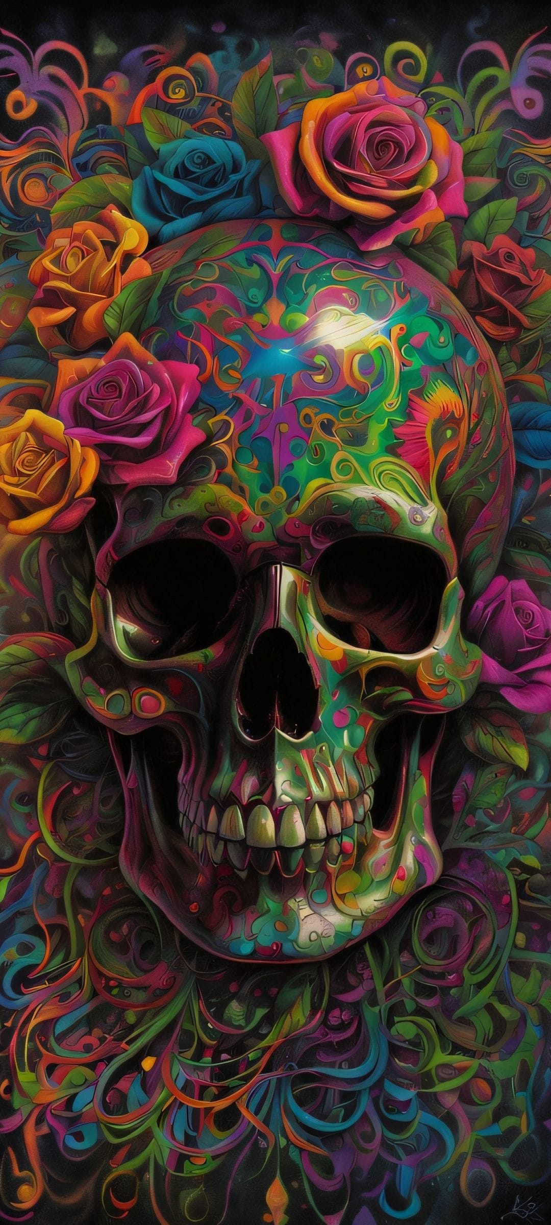 Human skull adorned with neon roses and psychedelic swirls in lime green, electric blue, and deep purple.
