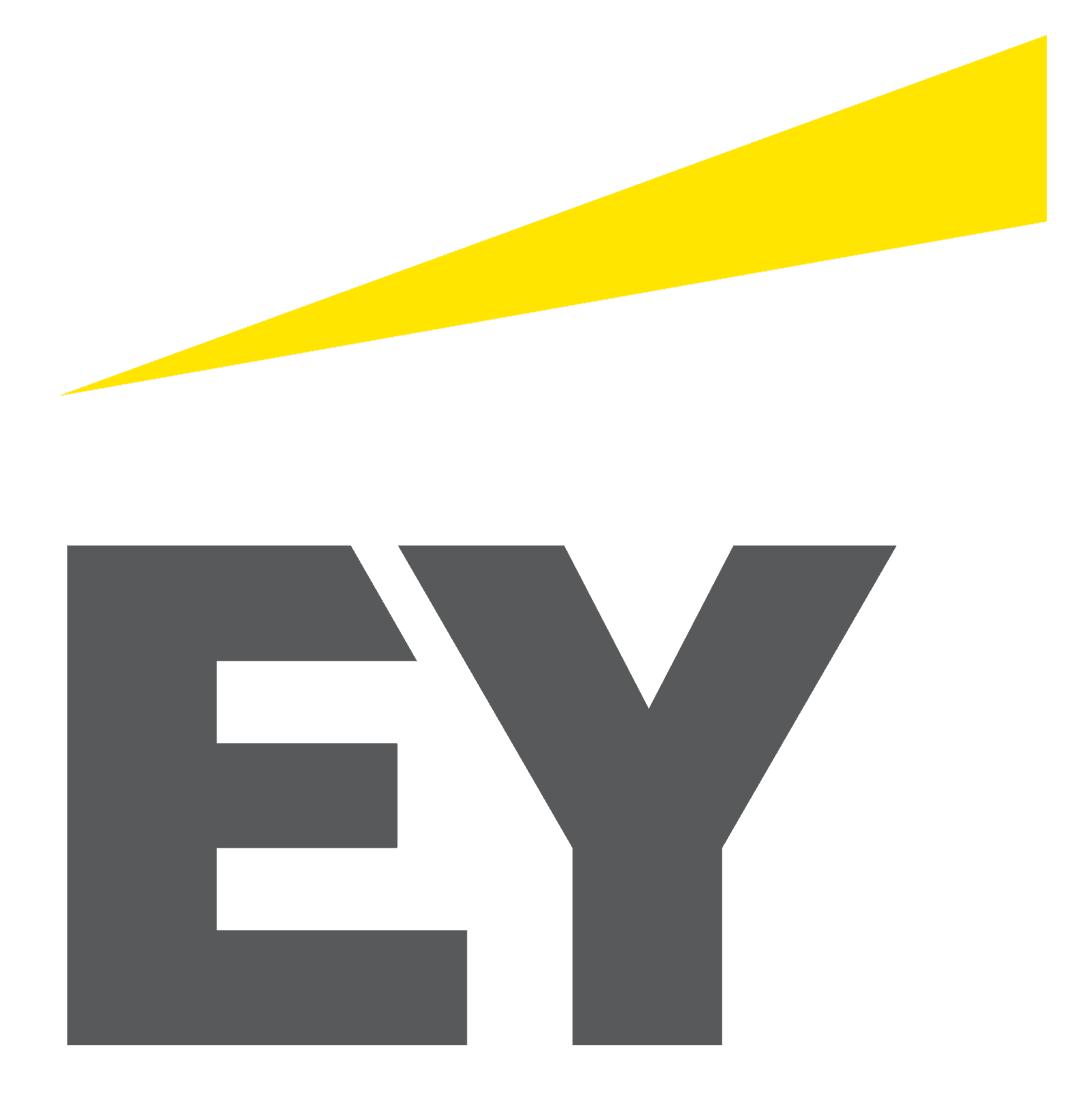 EY logo featuring bold gray uppercase letters beside a vibrant yellow diagonal graphic on a transparent base.