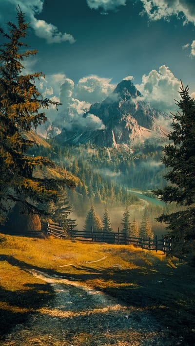 muntains,trees,trail,fence,landsscape