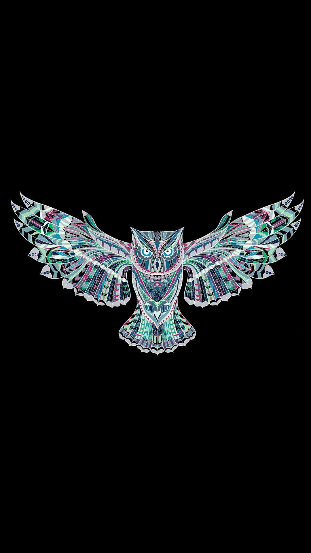 Symmetrical owl with outstretched wings displays teal and pink geometric patterns on a black background.