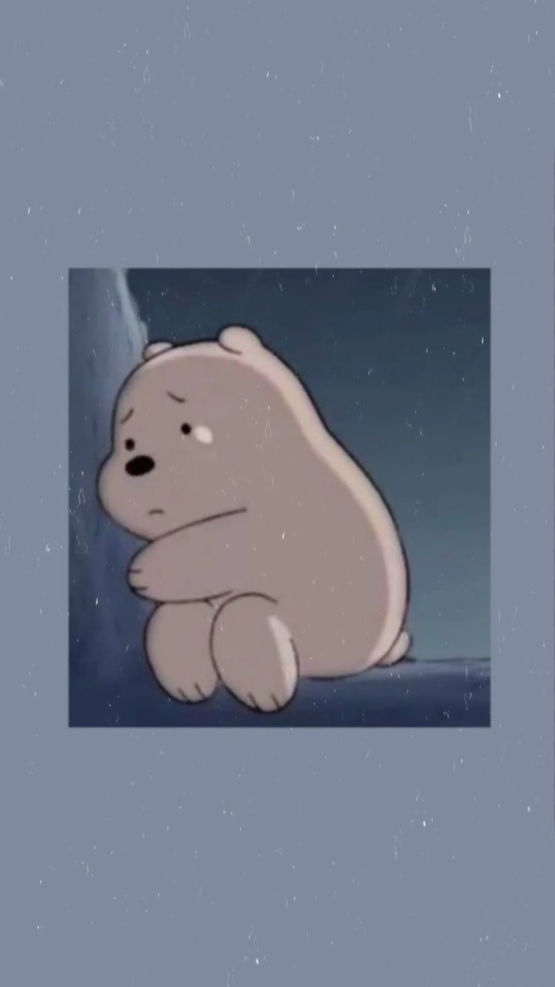Ice Bear sits with a slumped posture and sad facial expression on a plain background with a grainy texture.