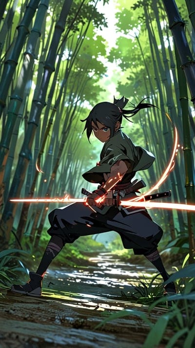 Samurai,Sword,Katana,Anime,Cool,Beautiful,Ai,Art,Artwork,Wallpaper,Bamboos,Forest,Grass,Laser