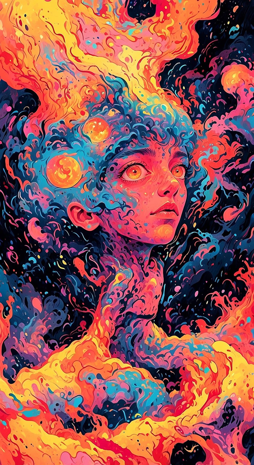 Glowing orange eyes stare forward from a face surrounded by swirling blue and orange cosmic nebula clouds.