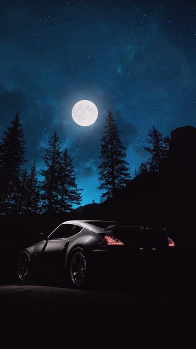 Night, car, galaxy, light, moon, sky, trees, mobile wallpaper, android wallpaper, iPhone wallpaper, phone wallpaper