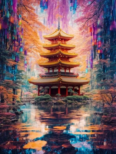 temple,art,water,trees,paints,digital art