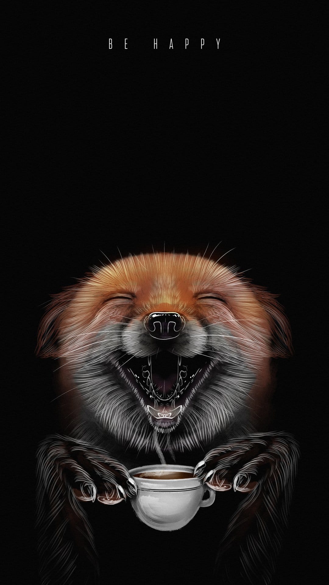 Orange and white fox laughing with closed eyes while holding a steaming mug against a black background.