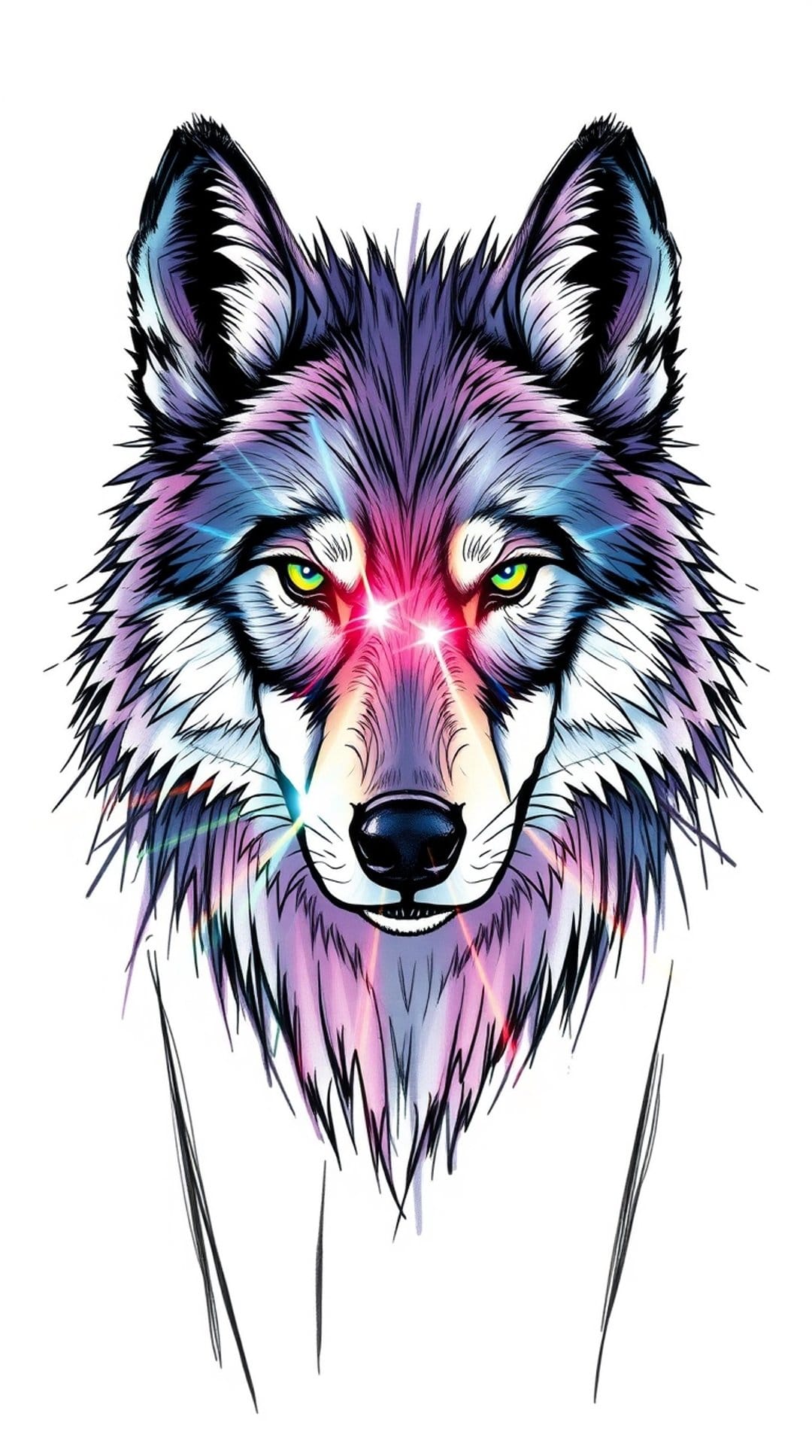 Wolf head with glowing green eyes and neon purple fur radiates starburst light against a dark cosmic background.
