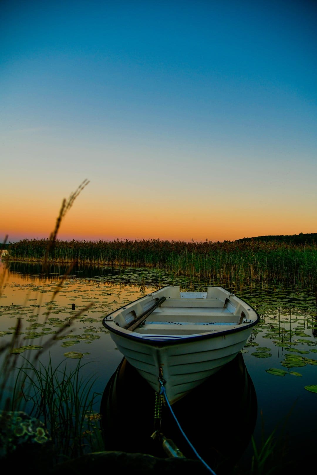 White rowboat on a calm lake at sunset with lily pads and a blue to orange gradient sky reflected in the water.