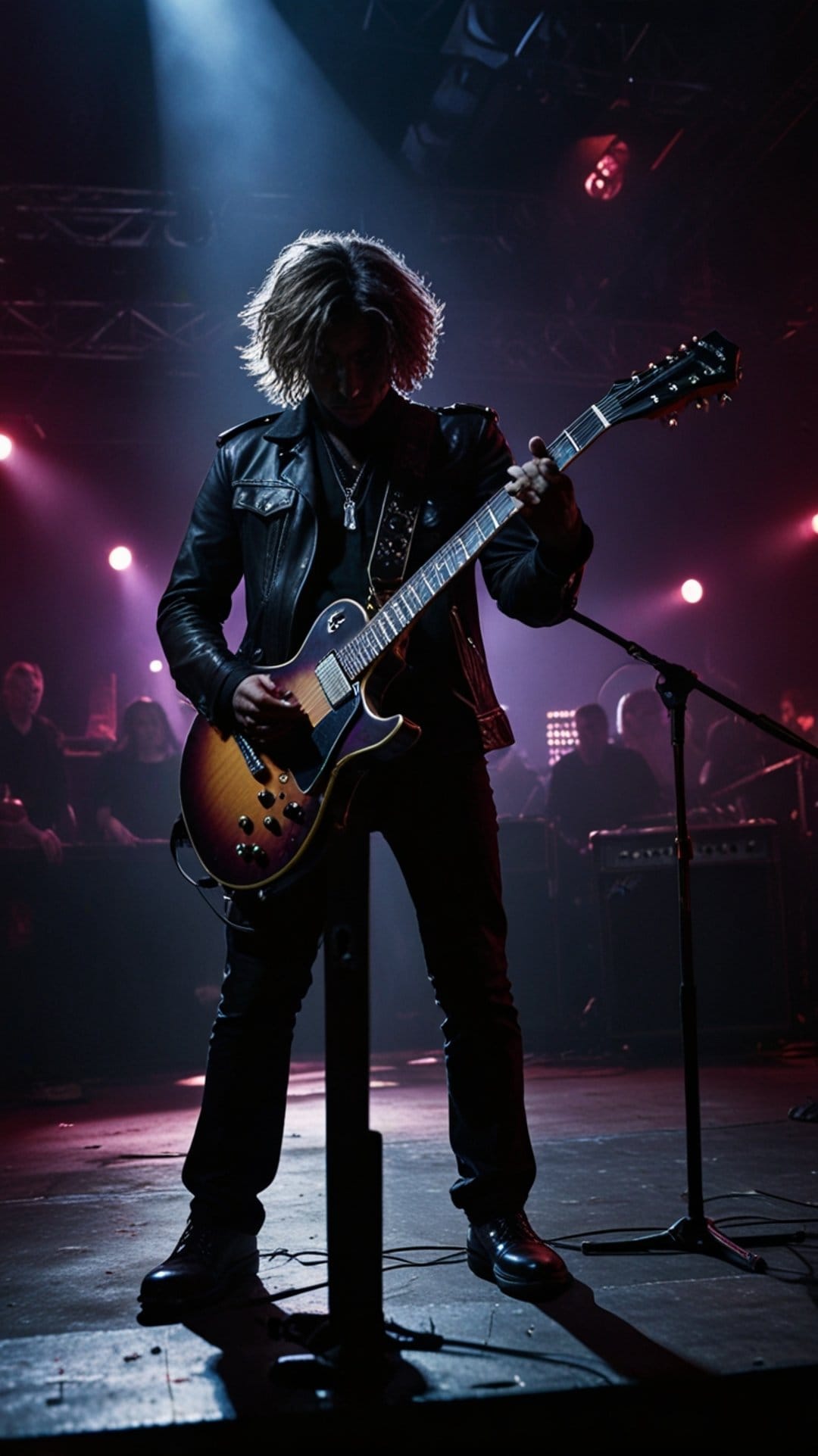 Blonde male guitarist in a black leather jacket plays a sunburst guitar under vivid pink and blue stage lighting.