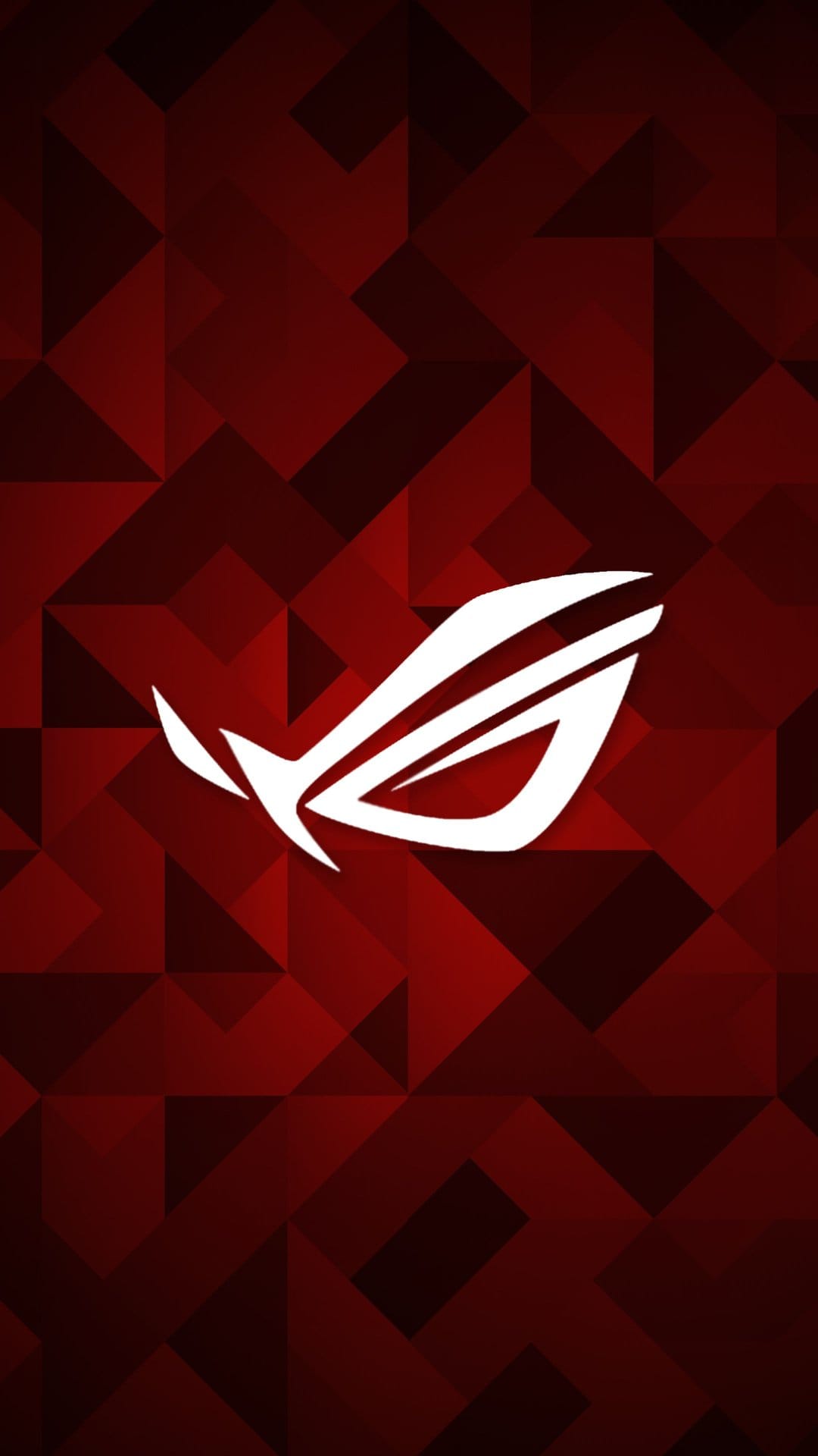 White ASUS ROG logo centered over a dark red abstract background with sharp, angular interlocking geometric shapes.