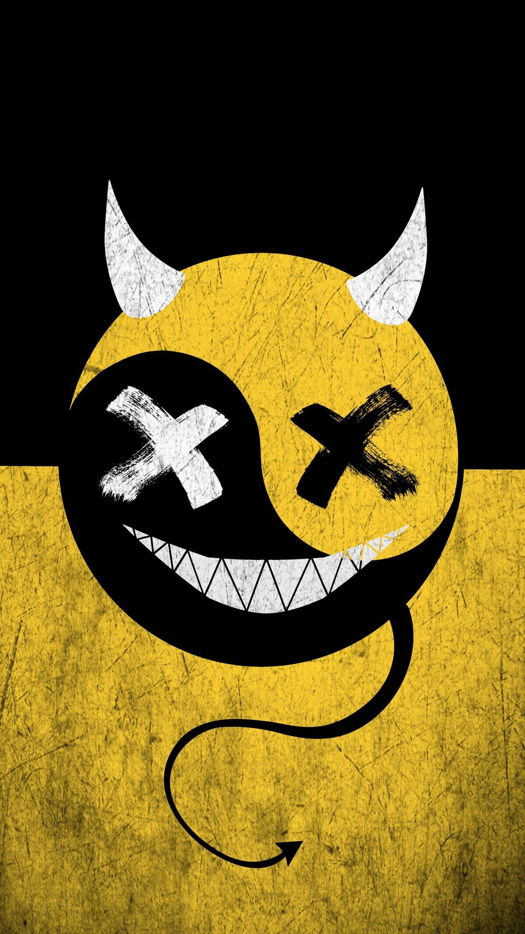 Yellow devil face with white horns, sharp teeth, and yin yang eyes on a distressed black and gold background.