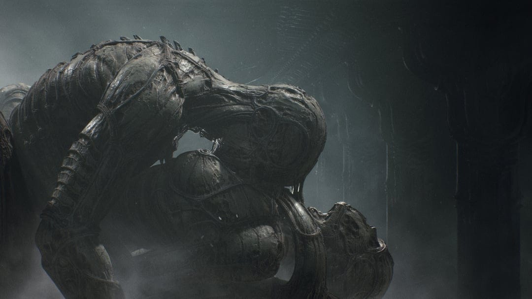 Dark biomechanical creature with skeletal textures and veined skin in a foggy, atmospheric landscape.
