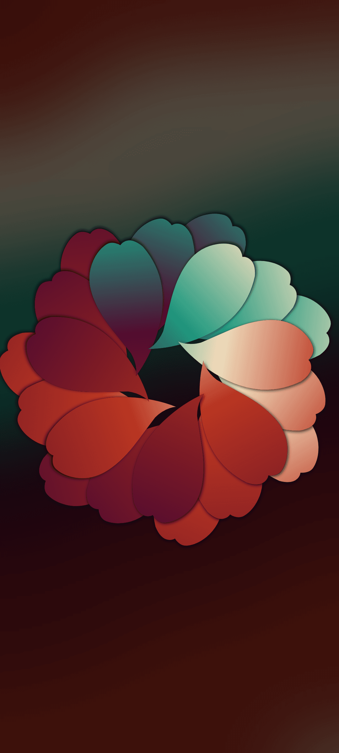Burgundy and teal petals form a circular bloom over a dark textured backdrop in a vertical portrait orientation.
