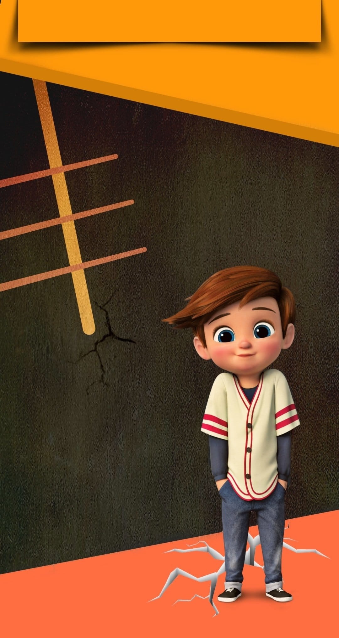 Boss Baby character wearing a baseball jacket stands on a cracked orange floor with abstract neon wall lines.