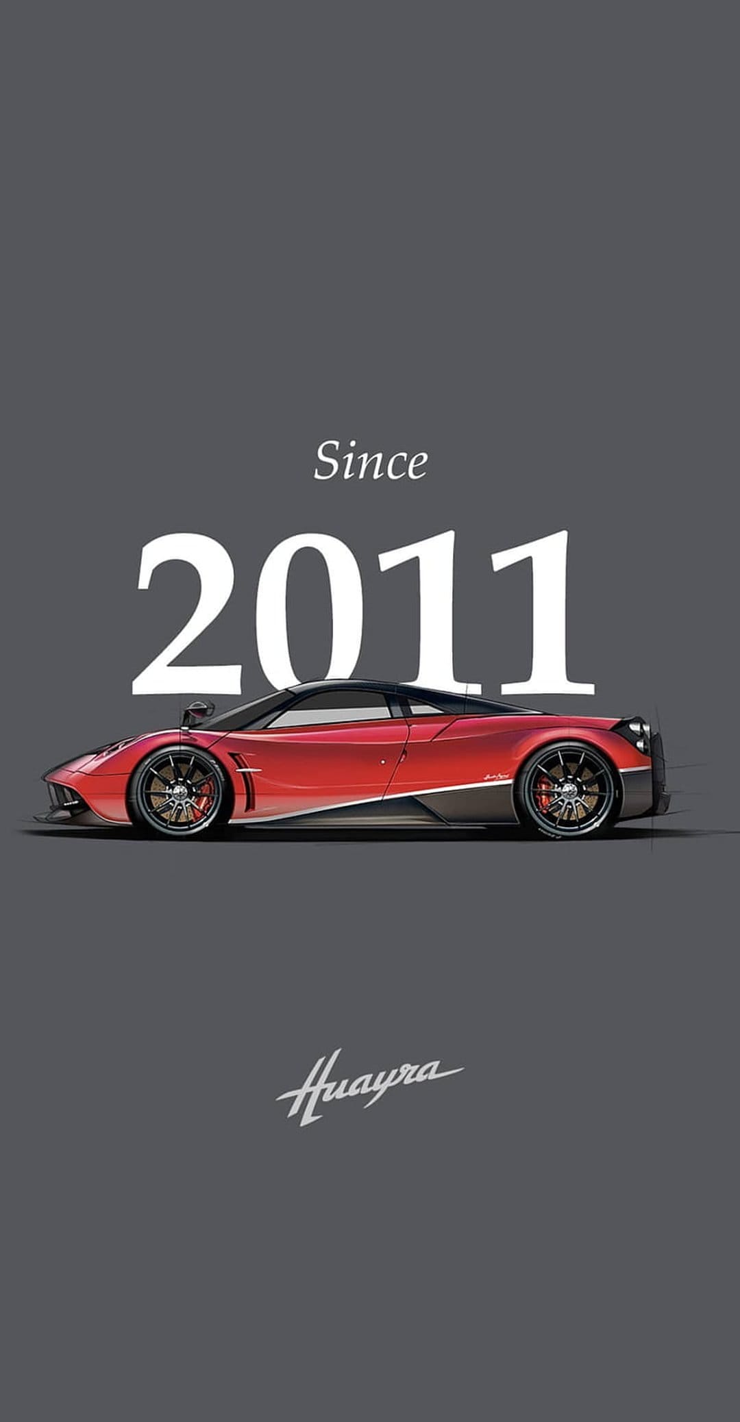 Red Pagani Huayra supercar with Huayra script lettering on a minimalist dark gray matte textured background.