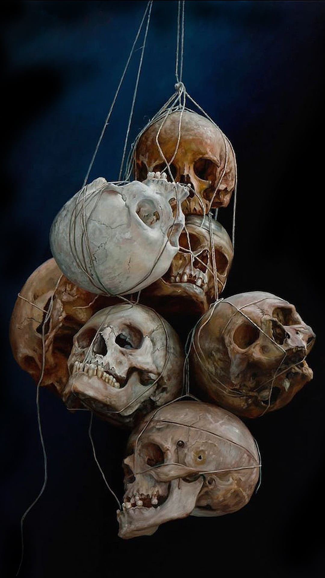 Human skulls with weathered textures hang from thin strings against a dark, shadowy void in vertical orientation.