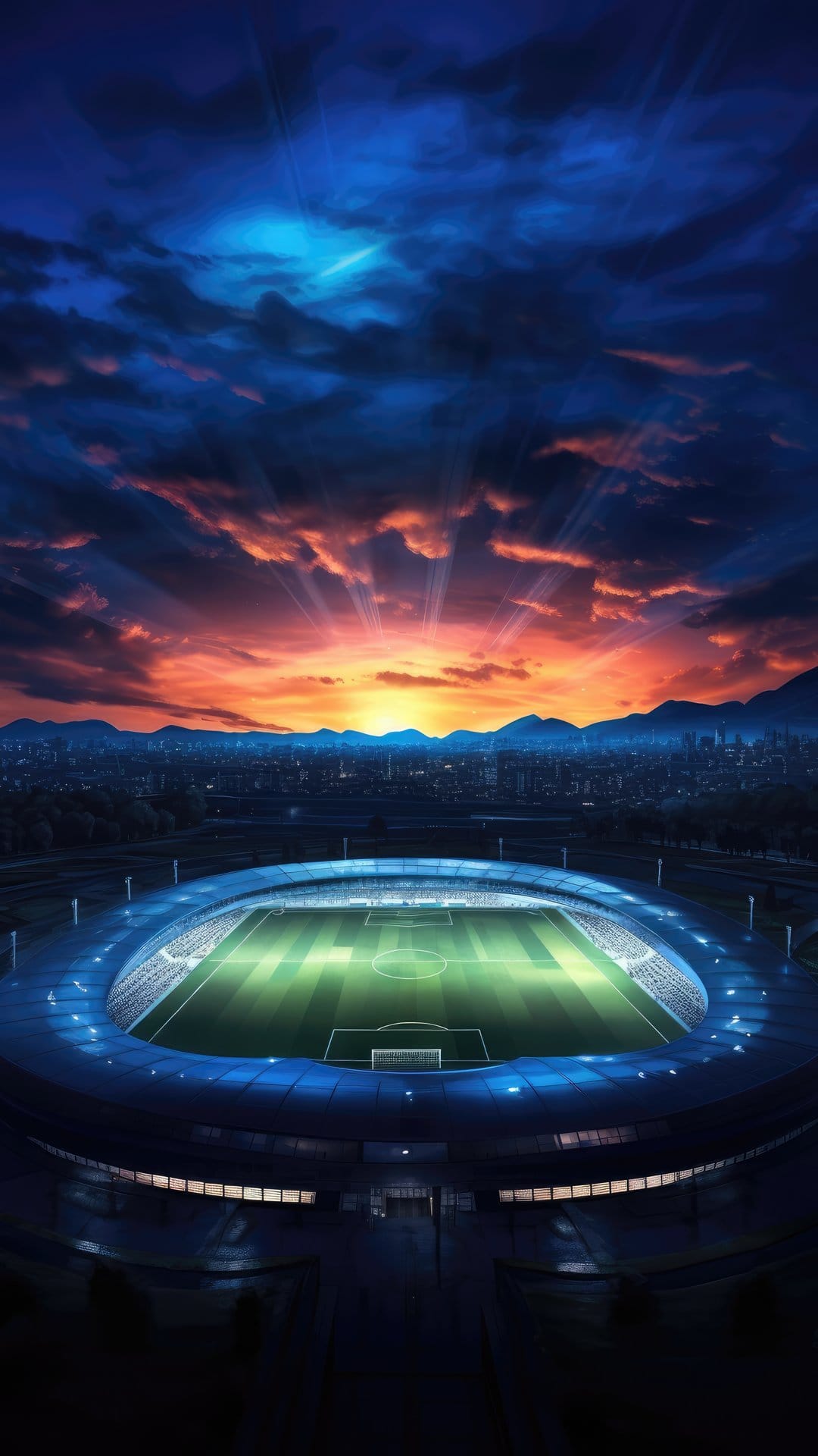 Modern soccer stadium with a glowing green field sits under a dramatic orange and blue sunset with dark clouds.