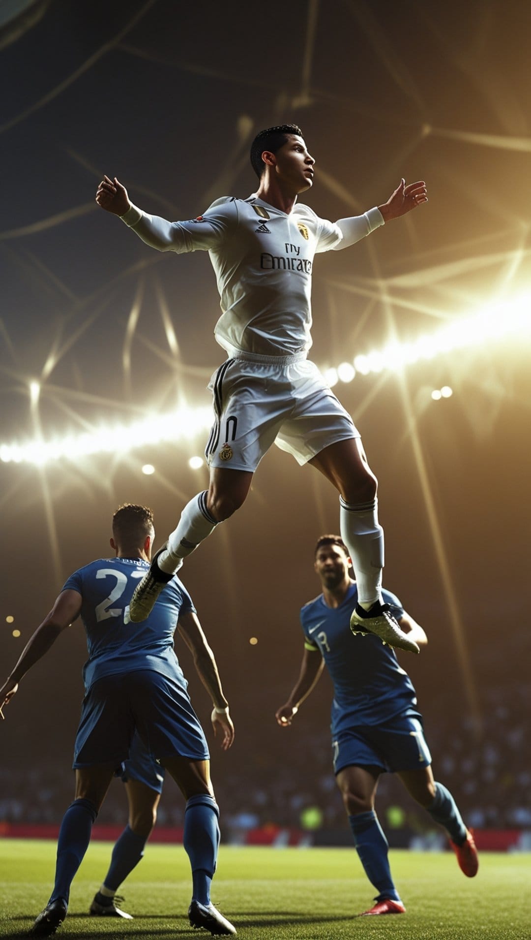 Cristiano Ronaldo leaps high into the air to head a soccer ball under bright stadium floodlights at night.