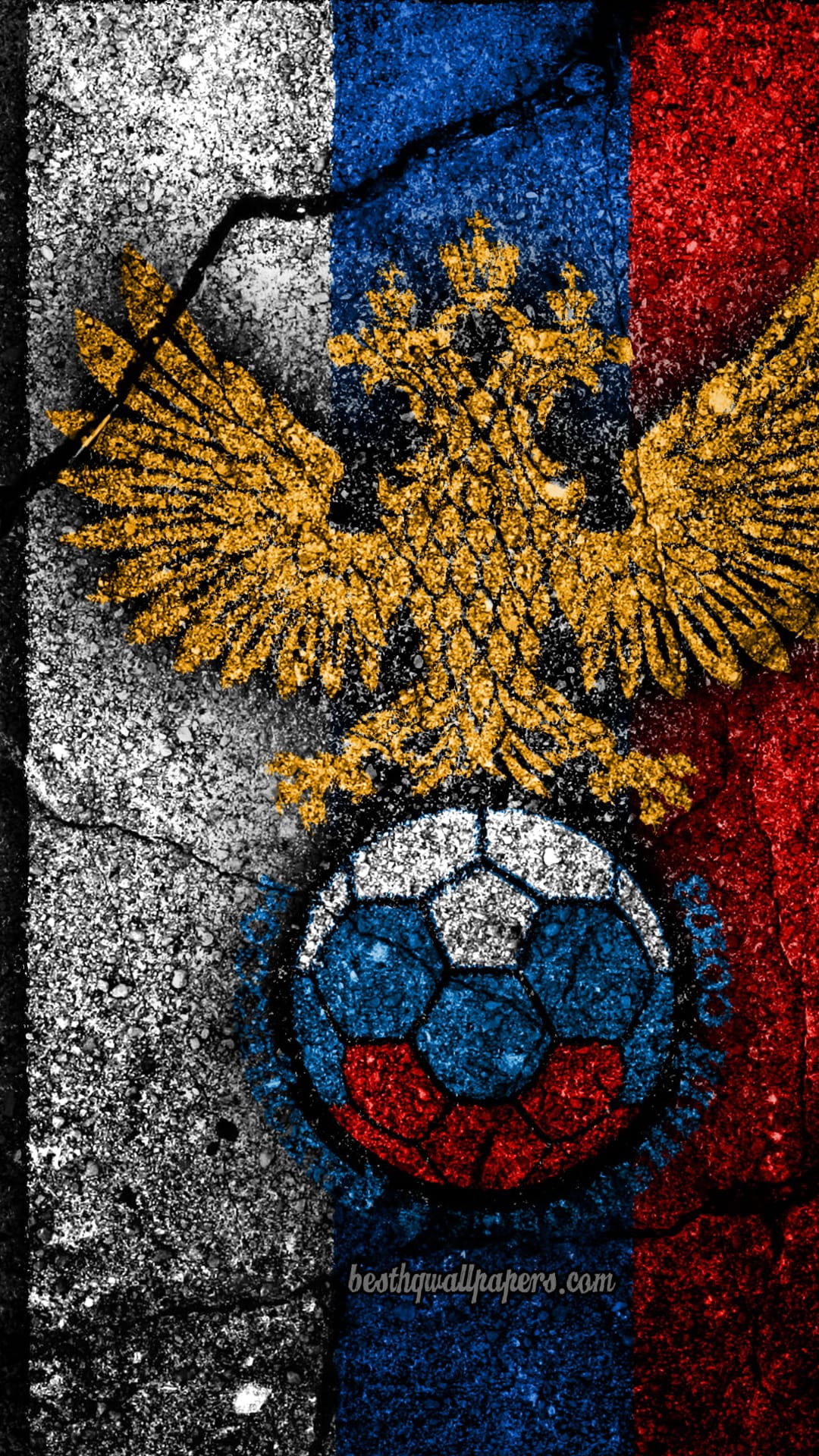 Double-headed Russian eagle and soccer ball over a cracked white, blue, and red flag with a weathered texture.