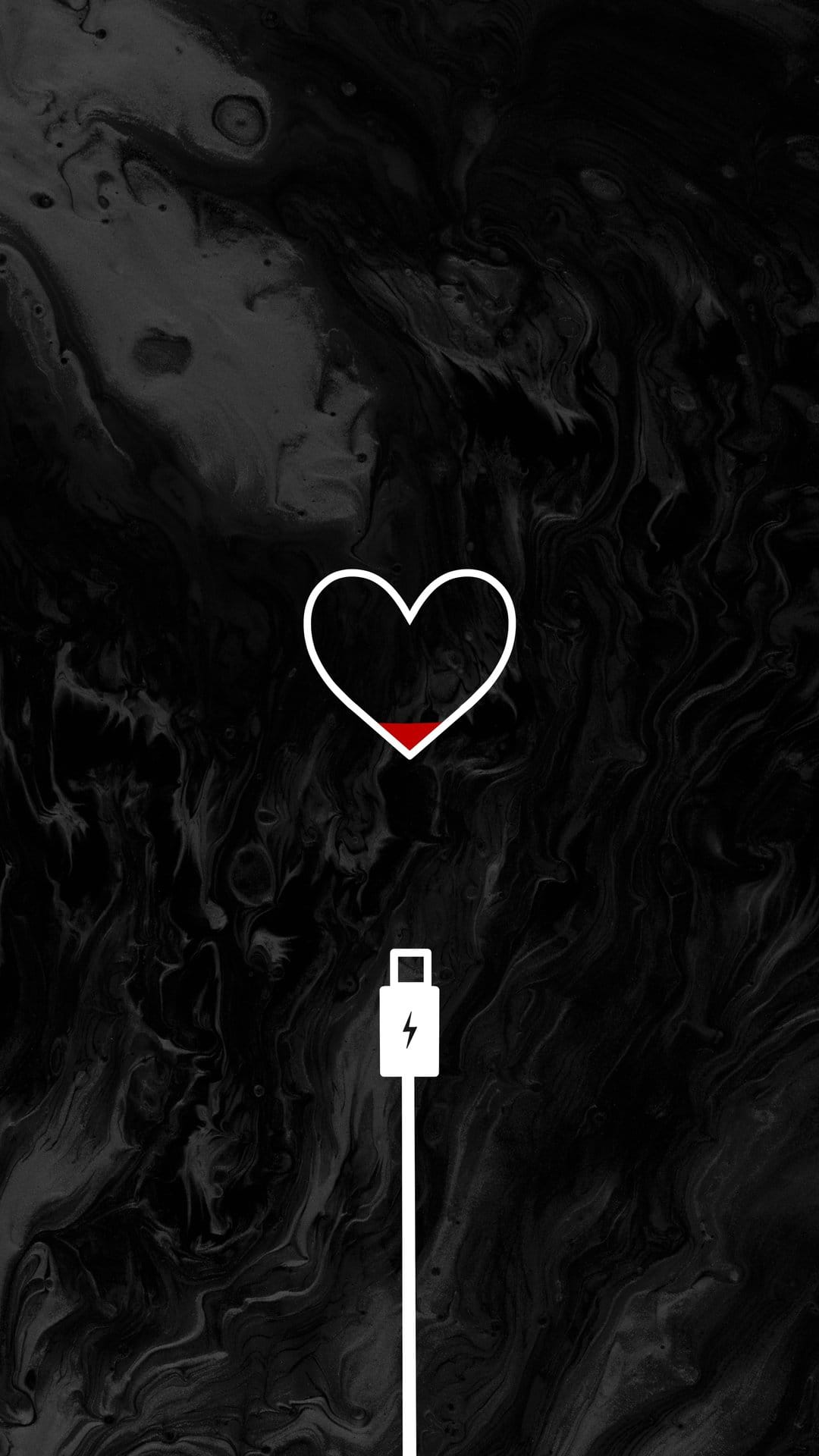 White outline heart with a red low battery bar and charging cord symbol on a dark textured background.